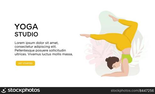Vector banner or screen template for school website or yoga studio with asian plus size woman in yoga positions. Sports and health body positive concept. Bright banner with yoga practicing 