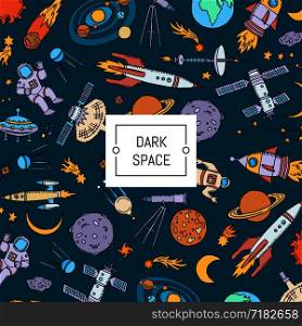 Vector banner pattern hand drawn space elements background with place for text illustration. Vector hand drawn space elements background with place for text illustration