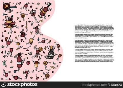 Vector banner template of mulled wine elements and objects. Composition in doodle style.