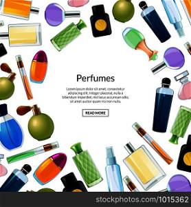 Vector banner with perfume bottles background illustration. Colored web poster page. Vector banner with perfume bottles background illustration