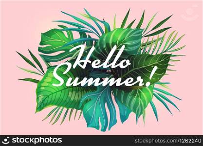 Vector banner with tropical exotic leaves in trendy style. Summer vacation pink background with place for text. Tropical backdrop, invitation, banner, poster, flyer.