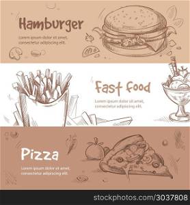 Vector banners of fast food design in hand drawn style. Vector banners of fast food design in hand drawn style. Bannner fast food and pizza for menu, illustration breakfast fast food