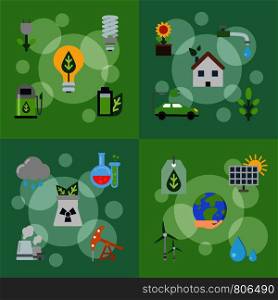 Vector banners or poster set of concept illustrations with ecology flat icons. Vector banners set of illustrations with ecology flat icons