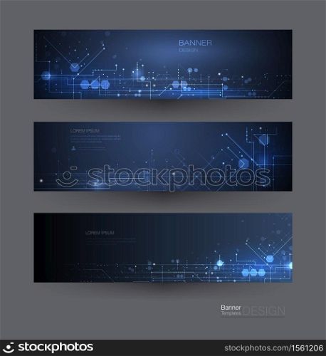 Vector banners set. Circuit board and hexagons background. Vector abstract design network communication background. Futuristic digital science technology concept for web banner template or brochure