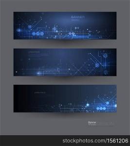 Vector banners set. Circuit board and hexagons background. Vector abstract design network communication background. Futuristic digital science technology concept for web banner template or brochure