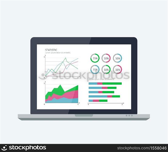 Vector banners with mobile statistics concept. Illustration of modern laptop with graphs and diagrams on the screen. Finance statistics report, statistic analysis.. Online banking statistics concept