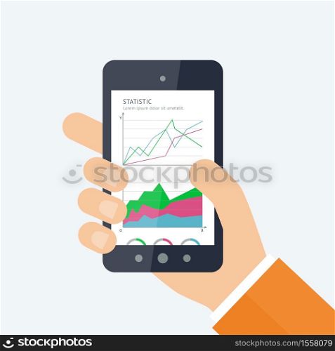 Vector banners with mobile statistics concept. Illustration of modern smarthone with graphs and diagrams on the screen. Finance statistics report, statistic analysis.. Online banking statistics concept