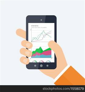 Vector banners with mobile statistics concept. Illustration of modern smarthone with graphs and diagrams on the screen. Finance statistics report, statistic analysis.. Online banking statistics concept