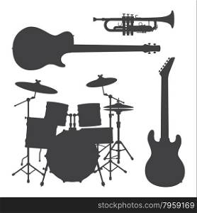 vector bass guitar trumpet drum set electro guitar dark grey silhouettes illustration set&#xA;
