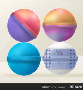 Vector Bath Bombs or Bath Fizzers with Diamond Pattern Printed Shrink Wrap Packaging.