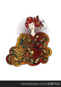 vector beautiful asian woman with abstract floral ornament and dots around