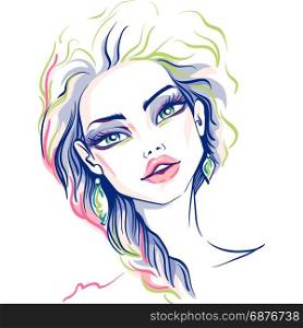 Vector beautiful fashion girl. Hand drawn beautiful blond girl. Vector illustration. T-shirt print