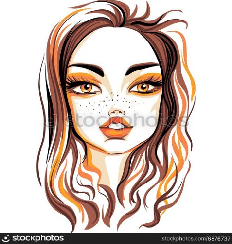 Vector beautiful fashion girl. Hand drawn beautiful redhead girl. Vector illustration. T-shirt print