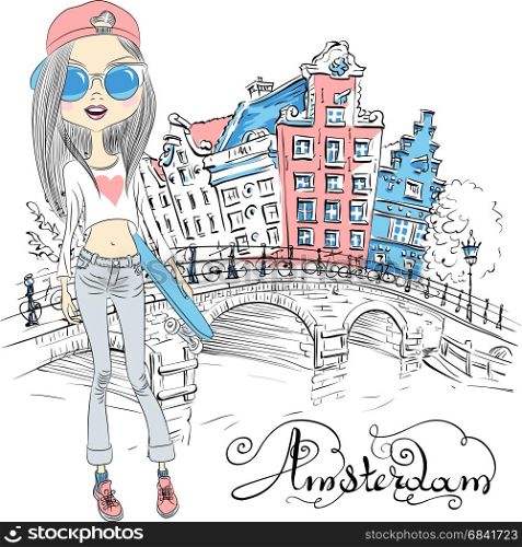 Vector beautiful fashion girl in Amsterdam. Fashionable hipster girl tourist with skateboard near the bridge on the Amsterdam street with traditional Dutch houses, Holland, Netherlands.