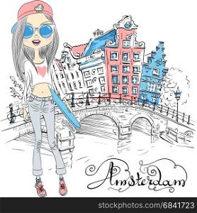 Vector beautiful fashion girl in Amsterdam. Fashionable hipster girl tourist with skateboard near the bridge on the Amsterdam street with traditional Dutch houses, Holland, Netherlands.