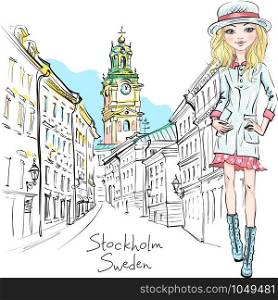 Vector beautiful fashion girl in autumn clothes, hat and boots, jacket and skirt in Gamla Stan, Old Town of Stockholm, the capital of Sweden. Fashion girl in Stockholm