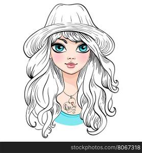 Vector beautiful fashion girl in hat. Vector beautiful fashionable girl in hat with long curly hair