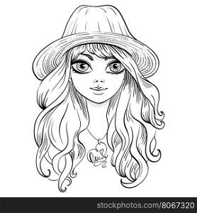 Vector beautiful fashion girl in hat. Vector beautiful fashionable girl in hat with long curly hair