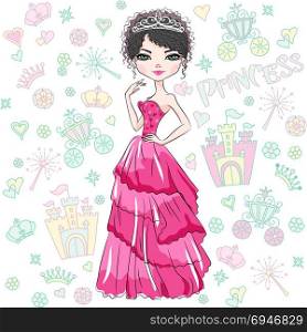 Vector beautiful fashion girl princess. Beautiful fashion girl top model princess in the crown and in a beautiful red dress