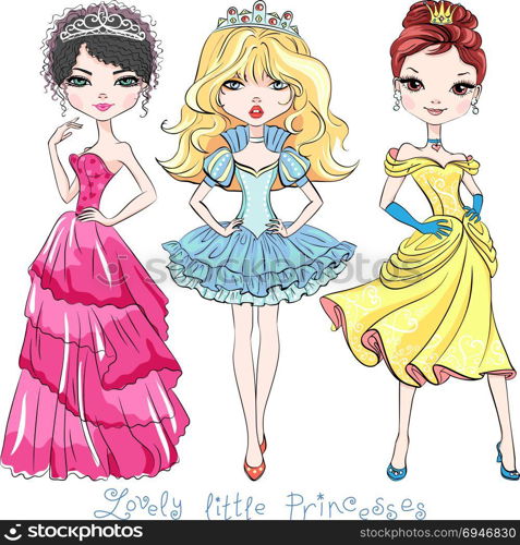 Vector beautiful fashion girl princesses. Set of Beautiful fashion girls princesses in the crowns and in a beautiful dresses