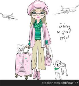 Vector beautiful fashion girl travels the world. Vector beautiful fashion girl in winter clothes with suitcases, cute dog and cat travel the world on airplanes