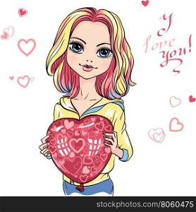 Vector beautiful fashion girl. Vector beautiful fashionable girl holding a balloon in the shape of heart and smiling