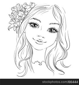 Vector beautiful fashion girl with flower in hair. Hand drawn beautiful girl with flower in hair. Vector illustration. T-shirt print