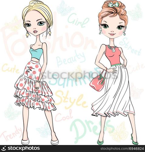 Vector beautiful fashion girls top models. Two beautiful fashion girls top model in summer dresses