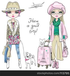 Vector beautiful fashion girls travel the world. Vector beautiful fashion girls in winter clothes with suitcases, cute dog and cat travel the world on airplanes