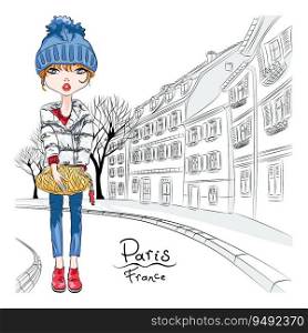 Vector beautiful fashion hipster girl in winter clothes, sneakers, jacket and hat with bag on Paris street, France. Vector fashion girl in winter clothes in Paris