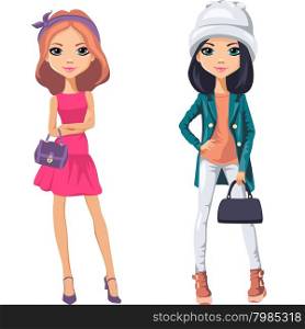 Vector beautiful fashionable girls with bags - in jacket, hat, boots and jeans and summer dress