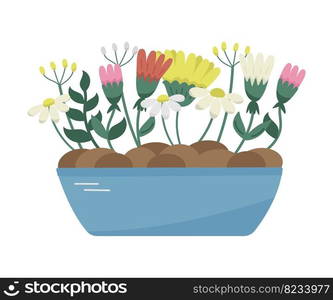 Vector beautiful garden with different flat flowers in flowerbed. Floral plants isolated on white. Spring time concept.. Vector beautiful garden with different flat flowers in flowerbed. Floral plants isolated on white. Spring time concept