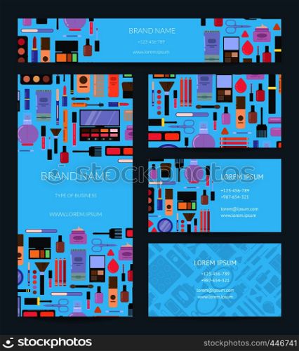 Vector beauty or makeup brand identity set with banner, flyer and business card templates illustration. Vector beauty or makeup brand identity set with banner