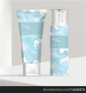 Vector Beauty or Medical Tube and Pump Bottle Packaging with Abstract Ocean or Sea Wave Print Pattern