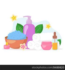 Vector beauty spa salon composition. Cosmetics bottles, towels, flowers, candles isolated on white background. Skincare beauty concept illustration