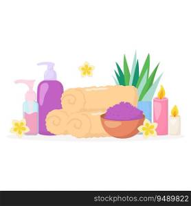 Vector beauty spa salon composition. Cosmetics bottles, towels, flowers, candles isolated on white background. Skincare beauty concept illustration