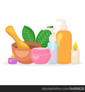 Vector beauty spa salon composition. Cosmetics bottles, towels, hot stones, candles isolated on white background. Skincare beauty concept illustration.