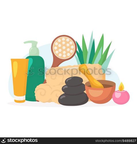 Vector beauty spa salon composition. Cosmetics bottles, towels, hot stones, massage brush, candles isolated on white background. Skincare beauty concept illustration