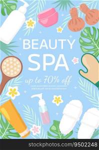 Vector beauty spa salon poster template. Jar of cream, cosmetics products, tropical leaves, herbal bag, flowers on blue background. Beauty industry, massage service flyer, brochure, sale coupon.
