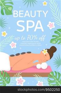 Vector beauty spa salon poster template. Woman lies on hot stone massage, tropical leaves, flowers on blue background. Beauty industry, massage service flyer, brochure, sale coupon