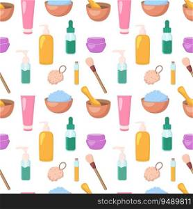 Vector beauty spa salon seamless pattern. Cosmetics products icons on white background. Skincare, cosmetology concept. Backdrop for wallpaper, print, textile, fabric, wrapping