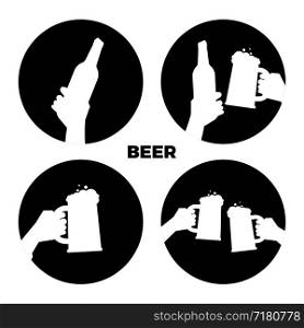 Vector beer icons of set. Black and white beer in hands silhouettes isolated illustration monochrome. Vector beer icons set. Black and white beer in hands silhouettes