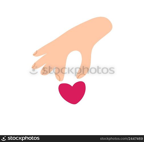 Vector Beige woman hand takes red heart logo icon. Encourage donate. Concept idea of donation and help. Stop war in Ukraine.. Vector Beige woman hand takes red heart logo icon. Encourage donate. Concept idea of donation and help. Stop war in Ukraine