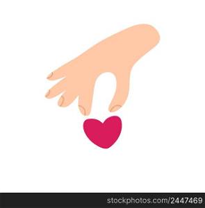 Vector Beige woman hand takes red heart logo icon. Encourage donate. Concept idea of donation and help. Stop war in Ukraine.. Vector Beige woman hand takes red heart logo icon. Encourage donate. Concept idea of donation and help. Stop war in Ukraine