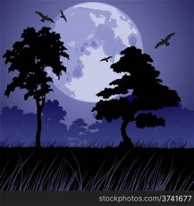 vector big blue moon and silhouettes of trees