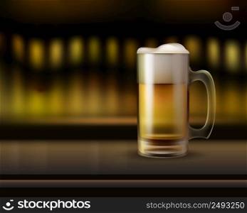 Vector big glass mug of beer on bar counter close up side view with warm blur background. Mug ogf beer