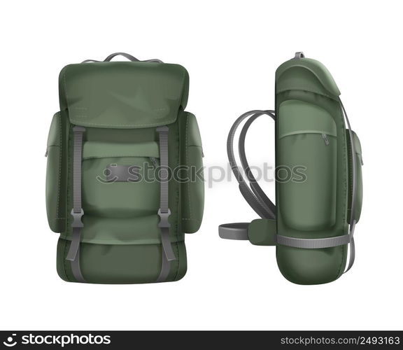 Vector big green travel backpack front and side view isolated on white background. Big green travel backpack