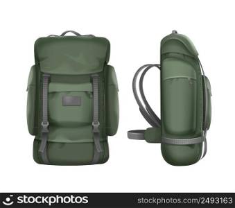 Vector big green travel backpack front and side view isolated on white background. Big green travel backpack