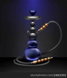 Vector big nargile for tobacco smoking made of metal and blue glass with long hookah hose isolated on dark background. Big blue hookah