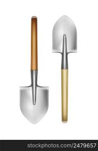 Vector big shovels with wooden handle front view isolated on white background. Two big shovels